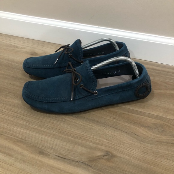 Salvatore Ferragamo Atlante Blue Suede Men Drivers Loafers Logo Back 10 EE - Picture 4 of 6